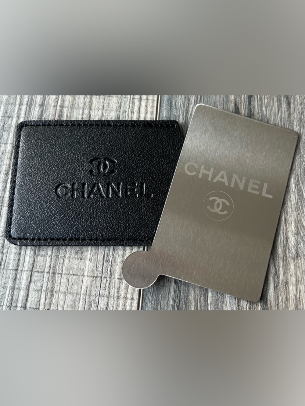 CHANEL Black Mirror Holder with Silver Logo Tab